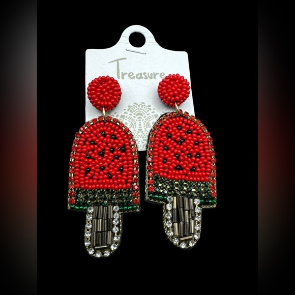 New Treasure Beaded Novelty Red Popsicle Watermelon Earrings 3” - Picture 1 of 2